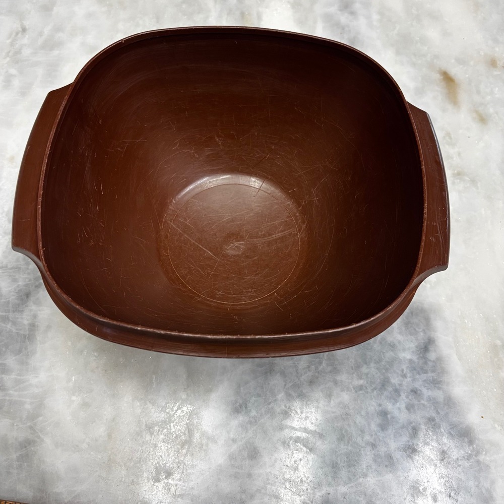 Vintage Tupperware Brown Serving Bowl with Handles 8.5 Inch Square Round Retro